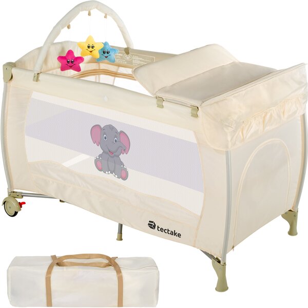 Tectake 402204 travel cot elephant 132x75x104cm with changing mat, play bar & carry bag - beige