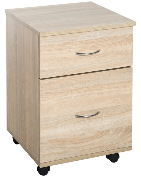 HOMCOM File Cabinet Cupboard Storage with Two Drawers, Table Storage Box with Wheels, Cabinet Bedside Table Storage Box, Oak