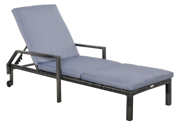 Outsunny Rattan Wicker Sun Lounger, Outdoor Recliner Chair with 5-Level Adjustable Backrest, 2 Wheels, Mixed Grey