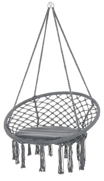 Outsunny Cotton-Polyester Blend Macrame Hanging Chair Swing Hammock for Indoor & Outdoor Use with Backrest, Fringe Tassels, Grey