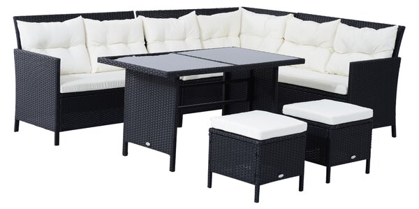 Outsunny 8-Seater Garden Rattan Furniture Rattan Corner Dining Set Outdoor Wicker Conservatory Furniture Lawn Patio Coffee Table Foot Stool, Black