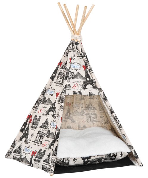 PawHut Portable Canvas Pet Teepee Tent Foldable Cat Bed Dog Puppy House Small Animal Play Kennels Removable Washable Cushion