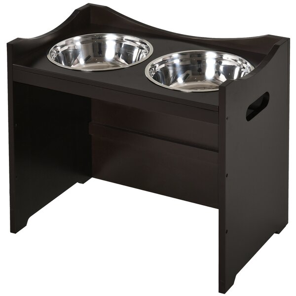 PawHut Elevated Duo Pet Feeder w/ 2 Stainless Steel Bowls MDF Frame Adjustable Shelf Handles Raised Dog Cat Food Drink 47x54cm Brown