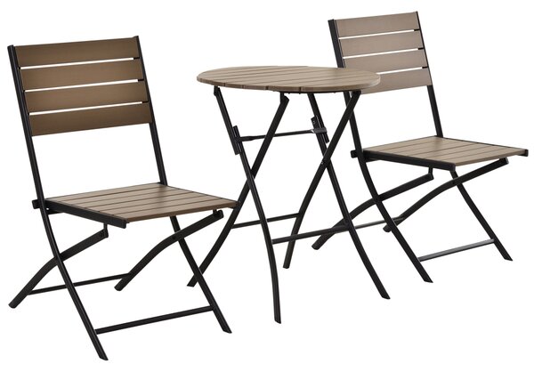 Outsunny 3 Pcs Folding Bistro Dining Set 2 Single Chair 1 Dining Table Metal Frame Plastic Panel Slatted Compact Garden Outdoor Apartment Black&Brown