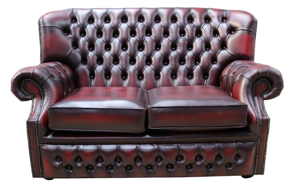 Chesterfield 2 Seater Antique Oxblood Red Leather Sofa Bespoke In Monks Style