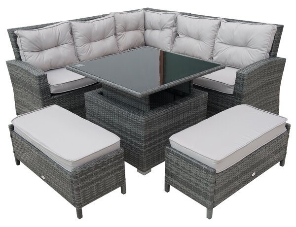 Outsunny 7-Seater Rattan Sofa Table Set Aluminium Frame Outdoor Patio Garden Wicker Dining Furniture w/ Adjustable convertible Table, Grey