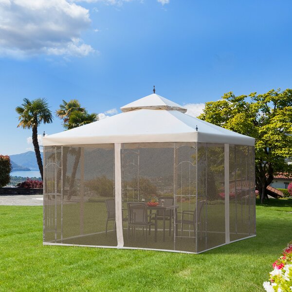 Outsunny Garden Gazebo with Double Top, 300x300cm, Outdoor Canopy Patio Event Party Tent, Backyard Sun Shade, Mesh Curtain, Beige
