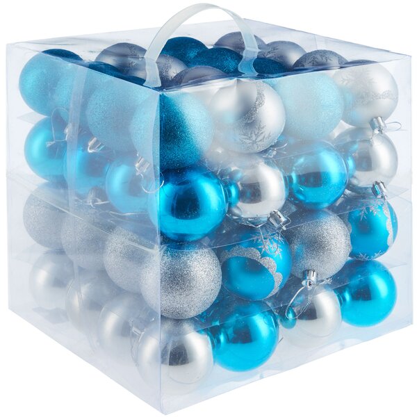 Tectake 403322 christmas baubles in sliver/blue (set of 64 ) - silver/blue