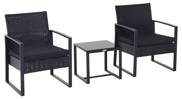 Outsunny Rattan Patio Set 2 Seater Wicker Bistro Set with Sofa, Coffee Table & Chairs, Conservatory Furniture, Black
