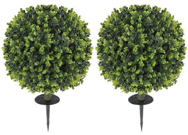 HOMCOM Set of 2 40 cm Artificial Boxwood Topiary Ball Bush with Integrated Ground Stake, Indoor Outdoor UV Resistant Faux Greenery, Faux Plants for Garden, Porch, Balcony