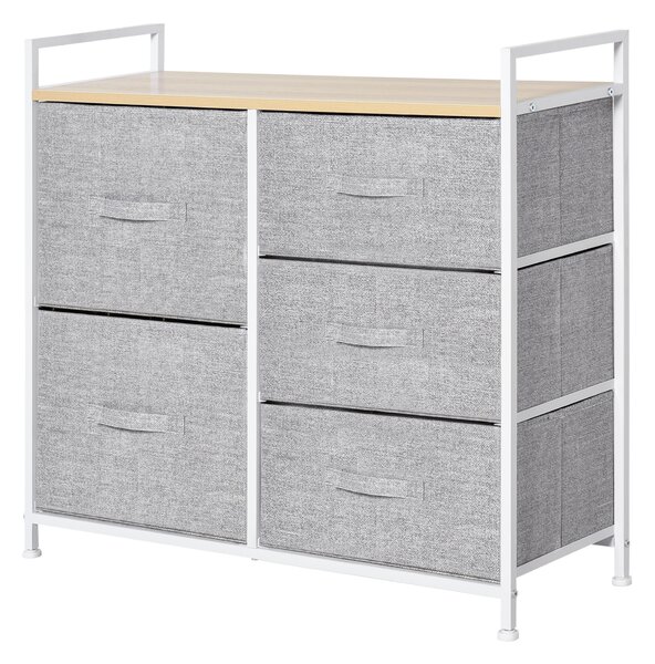 HOMCOM 5 Drawer Linen Storage Chest Home Organisation w/ Shelf Handles Metal Frame Adjustable Feet Hallway Home Dresser Grey