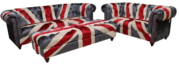 Union Jack Chesterfield 3+2+Footstool Luxury Velvet Sofa Suite