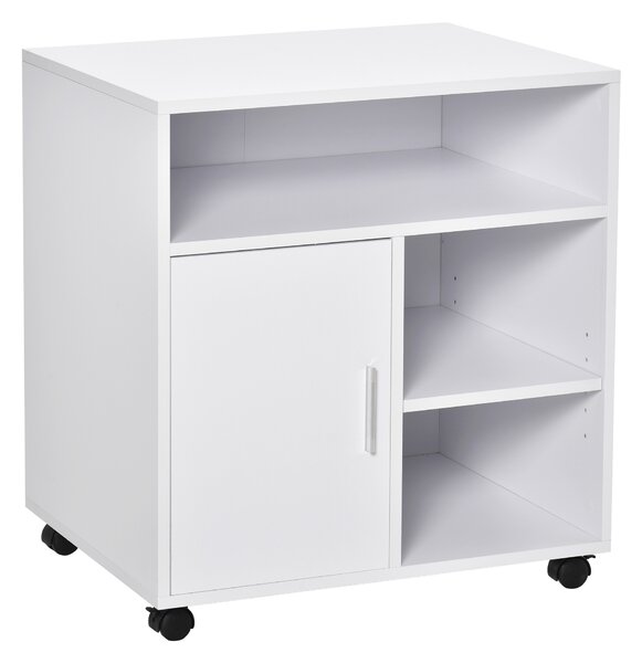 HOMCOM Mobile Printer Stand with Multiple Storage, Office Desk Side Unit on Wheels, Modern Design, 60L x 50W x 65.5H cm, White