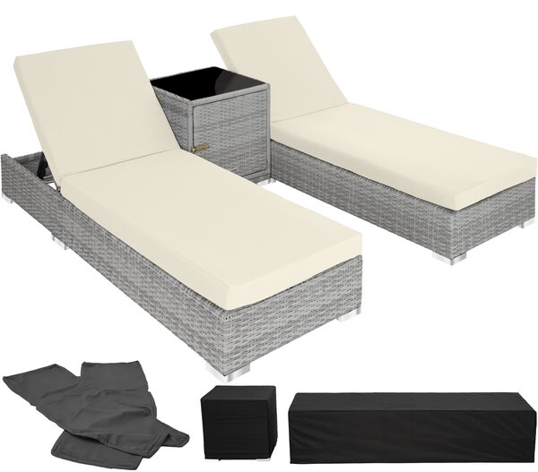 Tectake 403770 sun lounger pair | 2 loungers, 1 side table & cover - light grey
