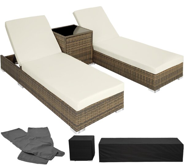 Tectake 403771 sun lounger pair | 2 loungers, 1 side table & cover - nature