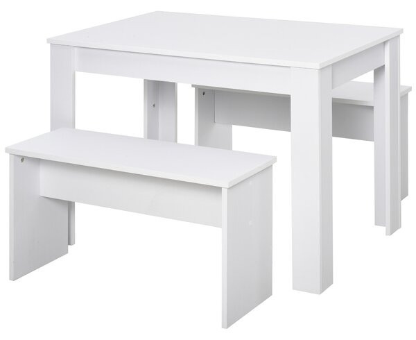HOMCOM Kitchen Dining Table and 2 Benches Set, Table and Chairs Set for Limited Space, White