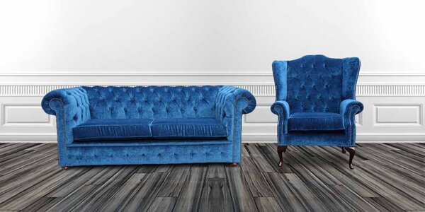 Chesterfield 2 Seater + Wing Chair Sofa Suite In Royal Blue Velvet Fabric