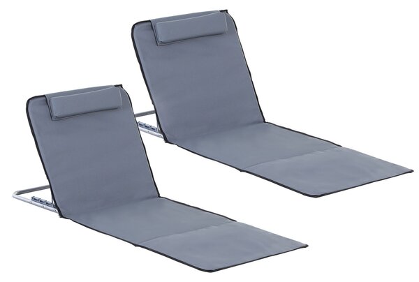 Outsunny Set of 2 Foldable Garden Beach Chair Mat Lightweight Outdoor Sun Lounger Seats Adjustable Back Metal Frame PE Fabric Head Pillow, Grey