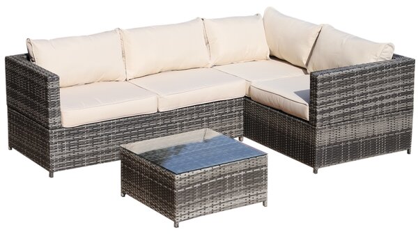 Outsunny 4-Seater Rattan Garden Furniture Outdoor Patio Corner Sofa Chair Set with Coffee Table Thick Cushions, Beige