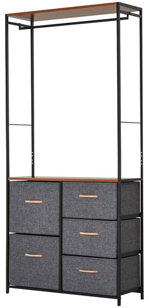 HOMCOM Wardrobe Dresser: Steel-Framed Storage with 5 Drawers, Coat Rack for Bedroom & Hallway, Black/Brown