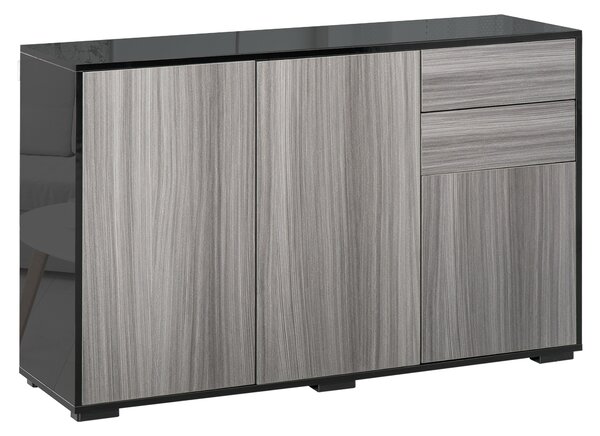 HOMCOM Sideboard High Gloss, 2 Drawer Push-Open Cabinet for Living Room, Bedroom, Light Grey and Black