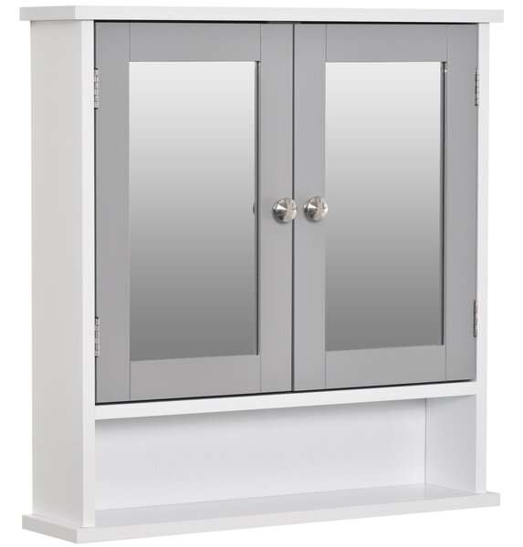 Kleankin Wall Mounted Bathroom Cabinet with Double Mirrored Doors, Storage Organiser and Shelf, Grey