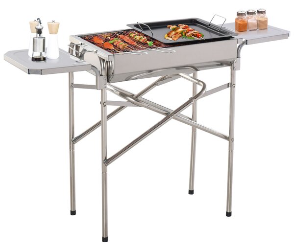 Outsunny Folding Barbecue Grill Garden Rectangular Stainless Steel BBQ w/ Adjustable legs, BBQ grates, frying plate and Non-stick pan, Silver