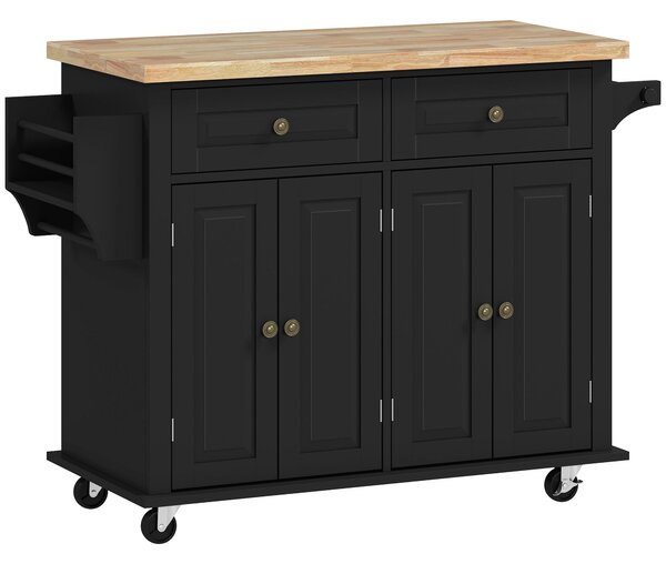 HOMCOM Rolling Kitchen Island with Rubber Wood Top, Drawers and Storage Shelves, Black Aosom UK