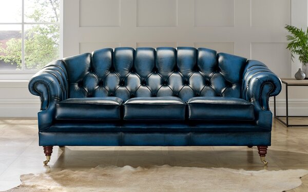 Chesterfield 3 Seater Antique Blue Leather Sofa Settee In Victoria Style