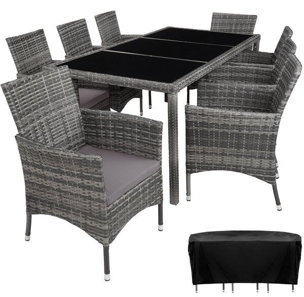 Tectake 404328 rattan garden furniture set 8+1 with protective cover - mottled grey/grey