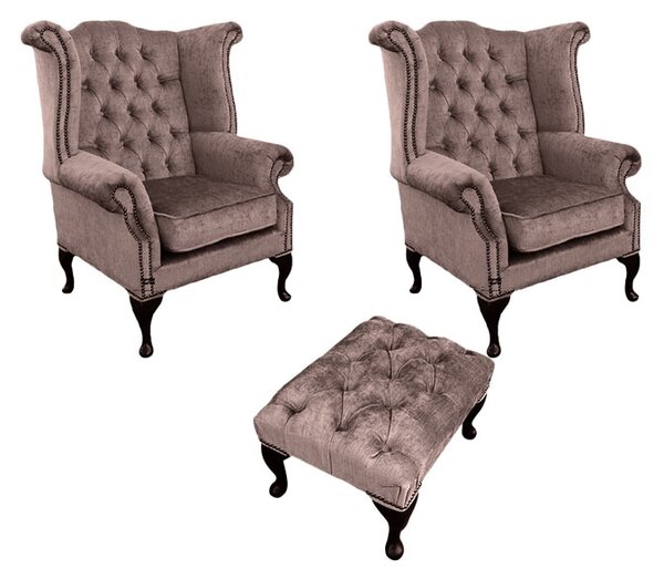 Chesterfield 2 x Wing Chairs + Footstool Harmony Charcoal Velvet In Queen Anne Style