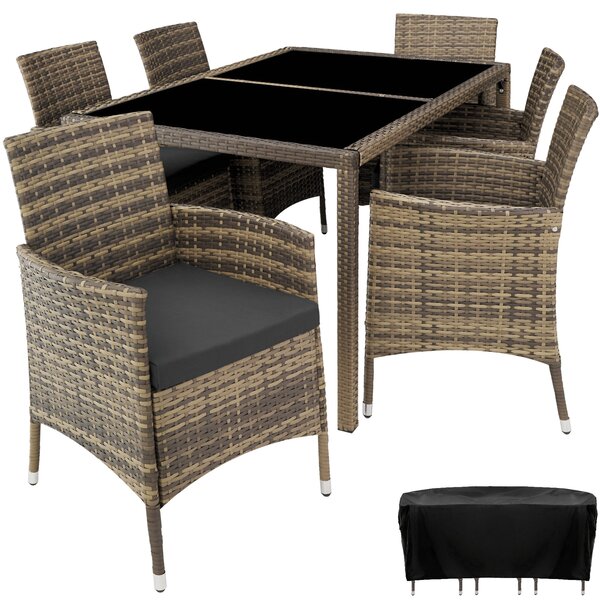 Tectake 404322 rattan garden furniture set 6+1 with protective cover - nature/dark grey