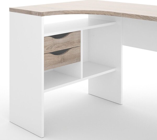 Remote Corner Desk 2 Drawers In White And Truffle Oak