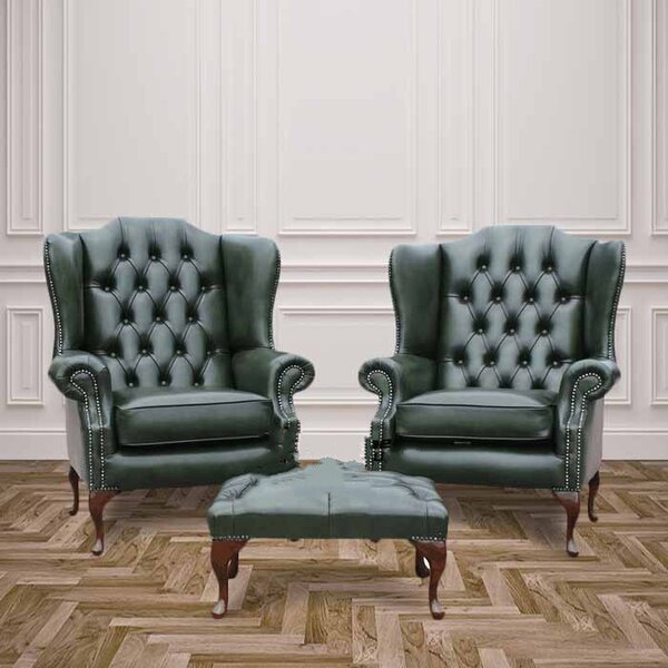 Chesterfield Pair High Back Wing Chair + Footstool Antique Green Leather In Mallory Style