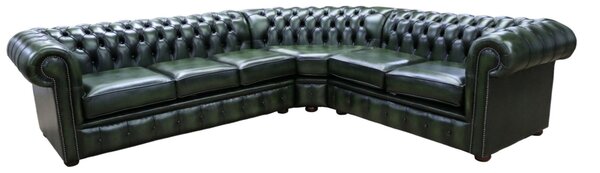 Chesterfield 3 Seater + Corner + 2 Seater Antique Green Leather Cushioned Seat Corner Sofa In Classic Style