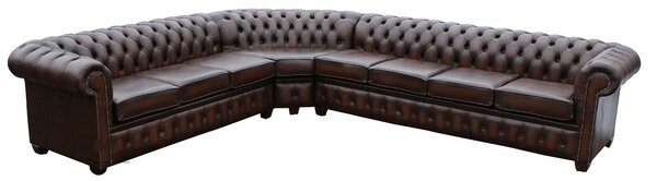 Chesterfield 8 Seater Cushioned Corner Sofa Unit Antique Brown Leather In Classic Style