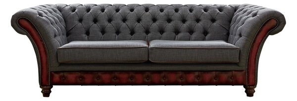 Chesterfield 3 Seater Sofa Antique Oxblood Leather Marinello Pewter Fabric In Jepson Style