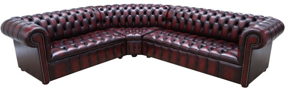 Chesterfield 2 Seater + Corner + 3 Seater Antique Oxblood Leather Buttoned Seat Corner Sofa In Classic Style
