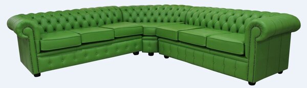 Chesterfield 7 Seater Cushioned Corner Sofa Unit Apple Green Leather In Classic Style