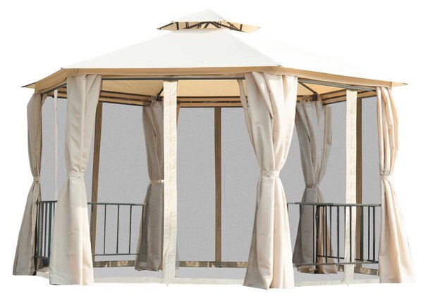 Outsunny Hexagon Gazebo Patio Canopy Party Tent Outdoor Garden Shelter w/ 2 Tier Roof & Side Panel - Beige