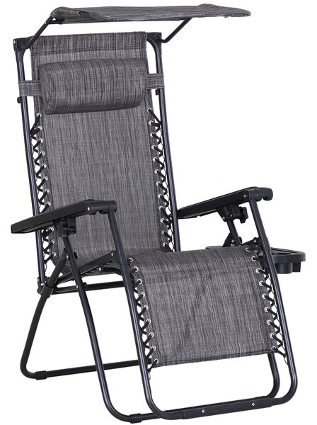 Outsunny Zero Gravity Chair, Folding Deck Chair with Cup Holder and Sunshade, Reclining Patio Sun Lounger, Grey