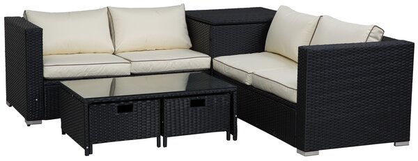 Outsunny 4-Seater Rattan Garden Furniture Patio Sofa Storage & Table Set w/ Coffee Table & Corner Sofa - Black