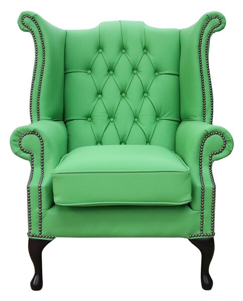 Chesterfield High Back Wing Chair Shelly Apple Green Leather Bespoke In Queen Anne Style