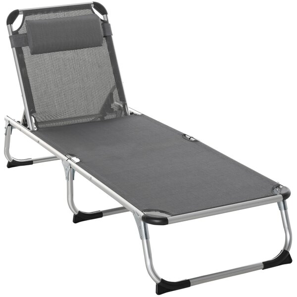 Outsunny Portable Garden Lounger, Foldable Camping Bed with Pillow, 5-Level Adjustable Back, Aluminium Frame, 76H x 170L x 60W cm, Grey