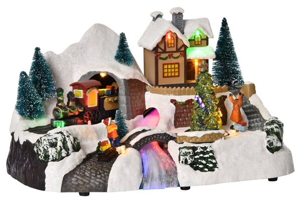 HOMCOM Prelit Christmas Musical Villages with Rotating Tree Animated Xmas Village with Sound Fibre Optic Transformer Festival Decoration for Tabletop