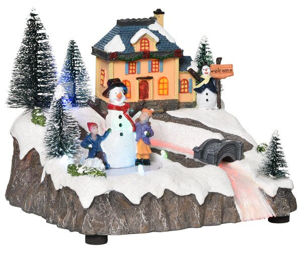 HOMCOM Animated Christmas Village Scene Musical Holiday Decoration with LED Light, Music, Fiber Optic, Rotating Skating Pond, Battery-Operated