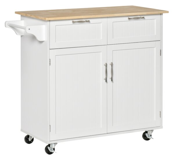 HOMCOM Modern Rolling Kitchen Island Storage Kitchen Cart Utility Trolley with Rubberwood Top, 2 Drawers, White