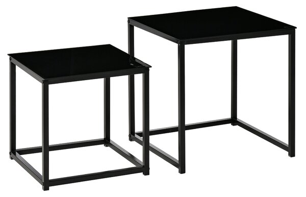 HOMCOM Nest of 2 Side Tables, Set of Modern Bedside Tables with Tempered Glass Desktop for Living Room, Bedroom, Office, Black