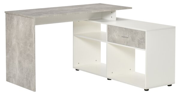 HOMCOM L-Shaped Computer Desk Home Office Corner Desk Study Workstation Space Saving Table with Shelves Drawer, Grey and White