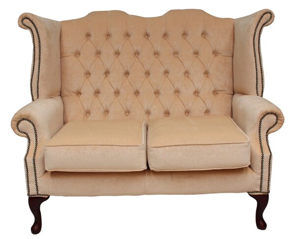Chesterfield 2 Seater High Back Wing Sofa Chair Velluto Vanilla Fabric In Queen Anne Style